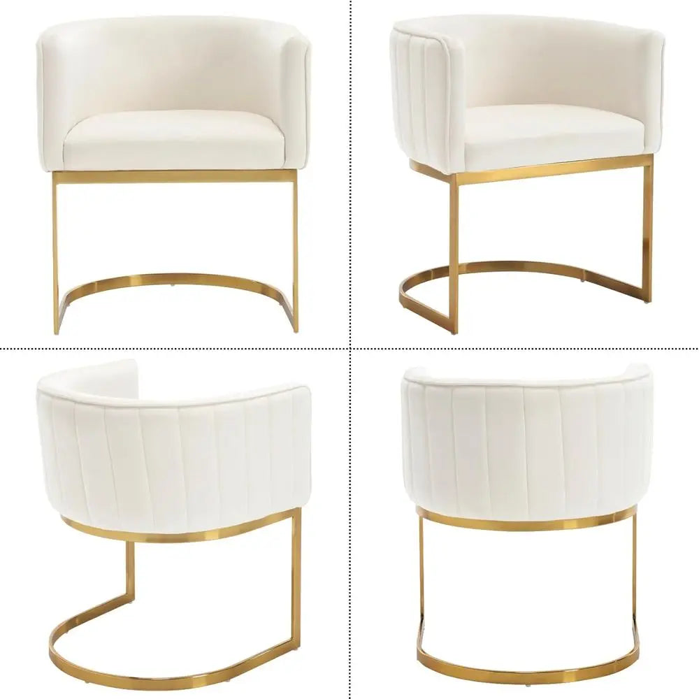 Pair of Velvet Dining Chairs, Gold Metal Legs, Cream White Upholstery for Kitchen or Dining Area