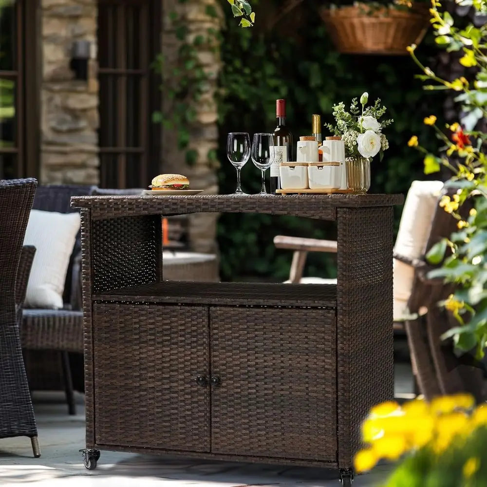 Brown Outdoor Bar Cart with Storage, Rolling Wheels, and Patio Bar Table for Poolside Kitchen