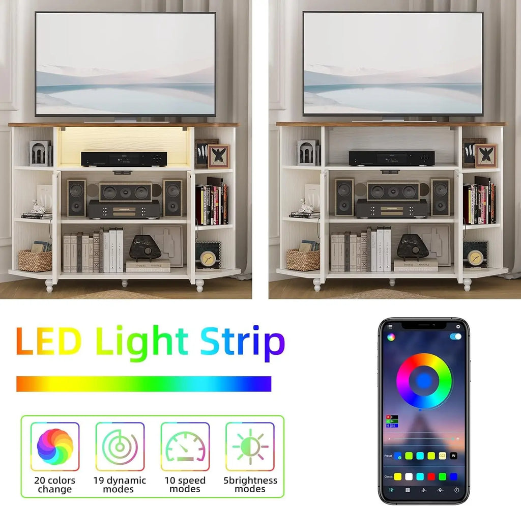 Farmhouse Corner Tv Stand For 50 Inch Tv With Led Lights Adjustable Shelves Barn Doors For Living Room White