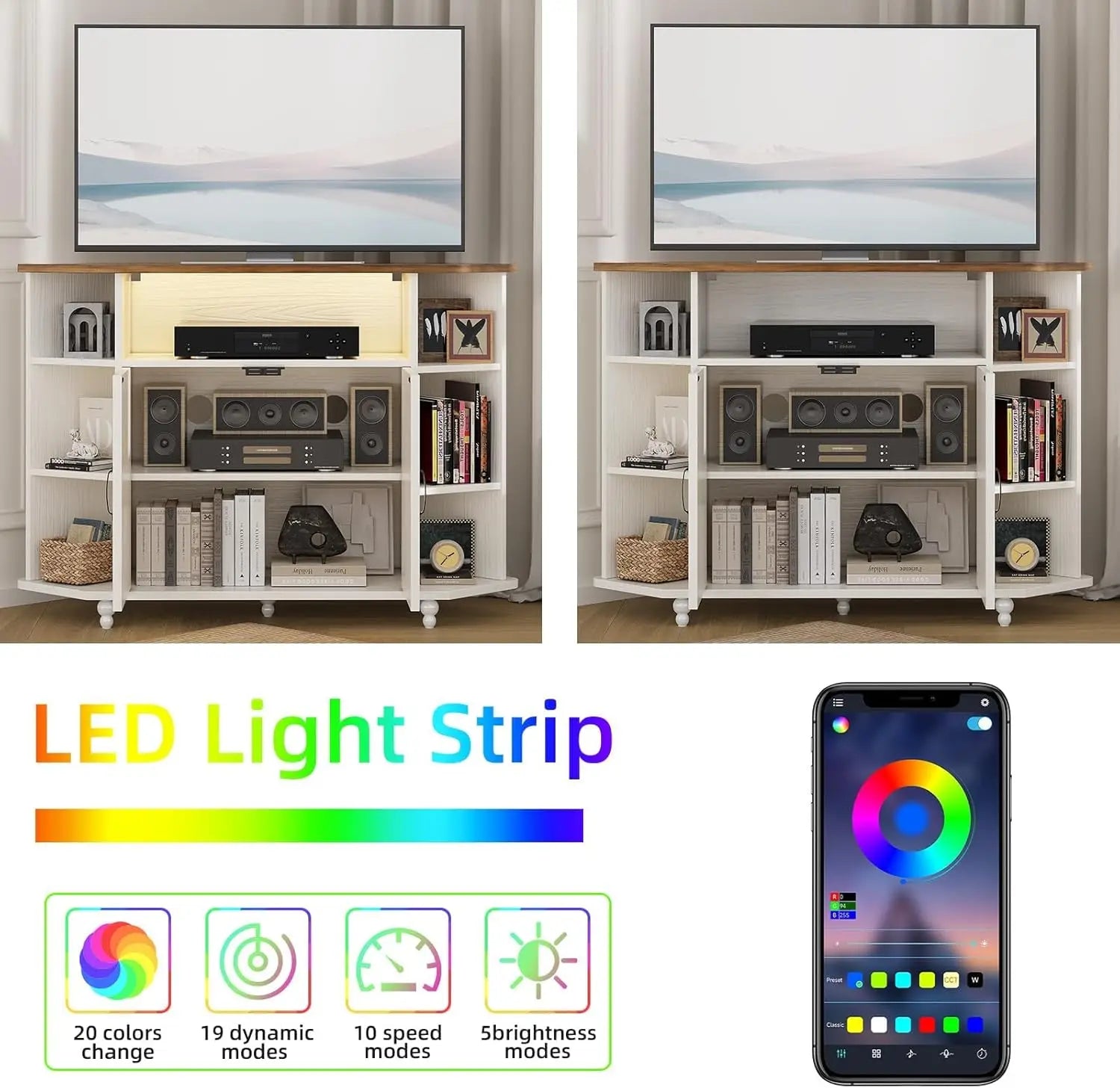 Farmhouse Corner Tv Stand For 50 Inch Tv With Led Lights Adjustable Shelves Barn Doors For Living Room White