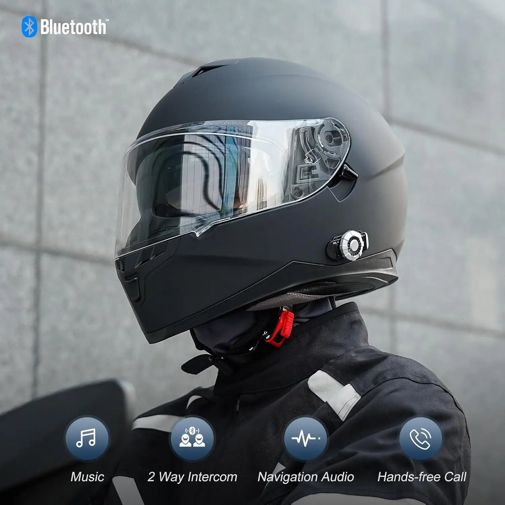 Full Face Motorcycle Helmet Bluetooth 5.0 Integrated 2 Way Intercom DOT FMVSS-218 Rated Motorbike Helmet Communication with Dual