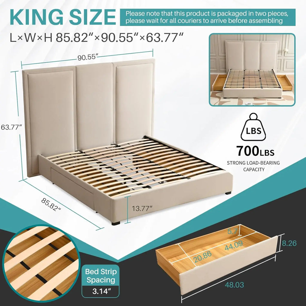 King Size Upholstered Platform Bed Frame with 64-inch High Headboard Storage Drawers Wood Slat Support No Noise Customized