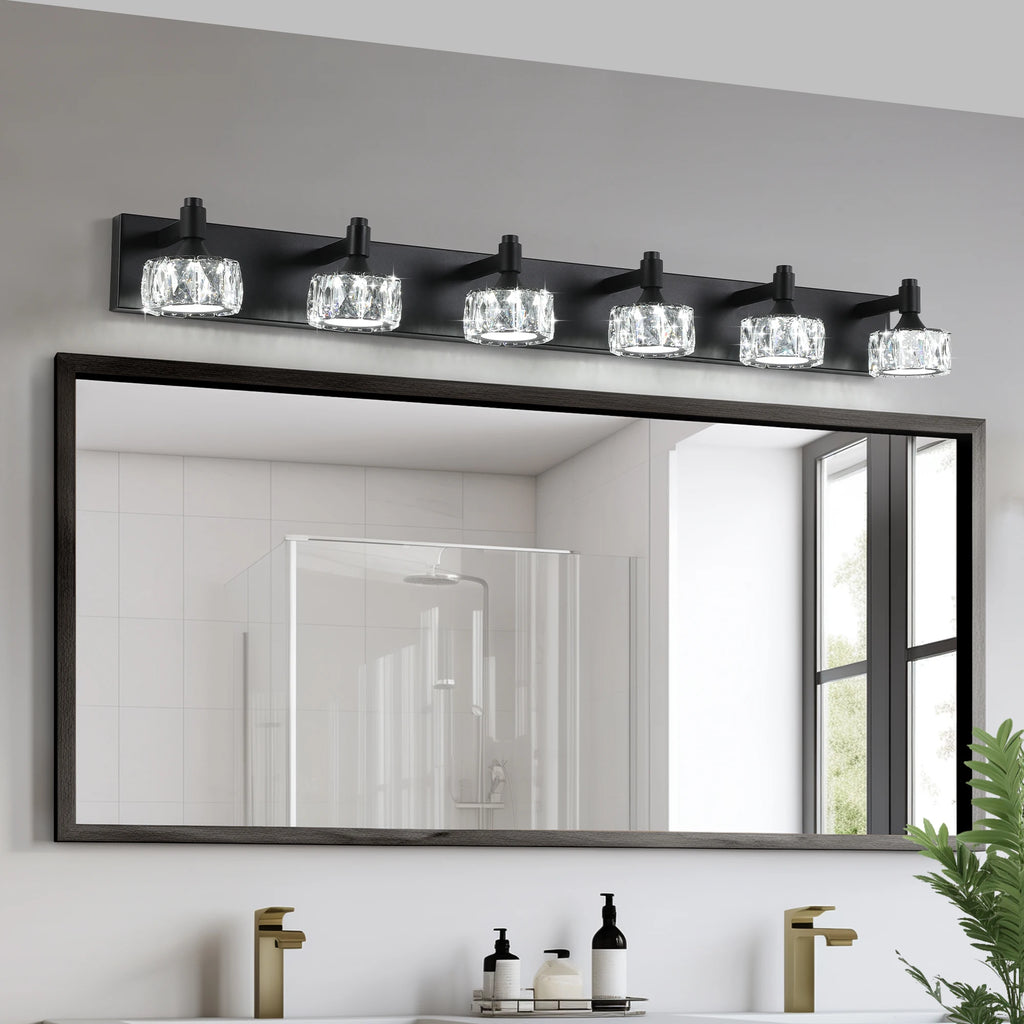 Modern LED Vanity Light 6-Light Matte Black Fixture with Crystal Glass Shades, Bathroom Wall Sconce for  Contemporary Home Decor