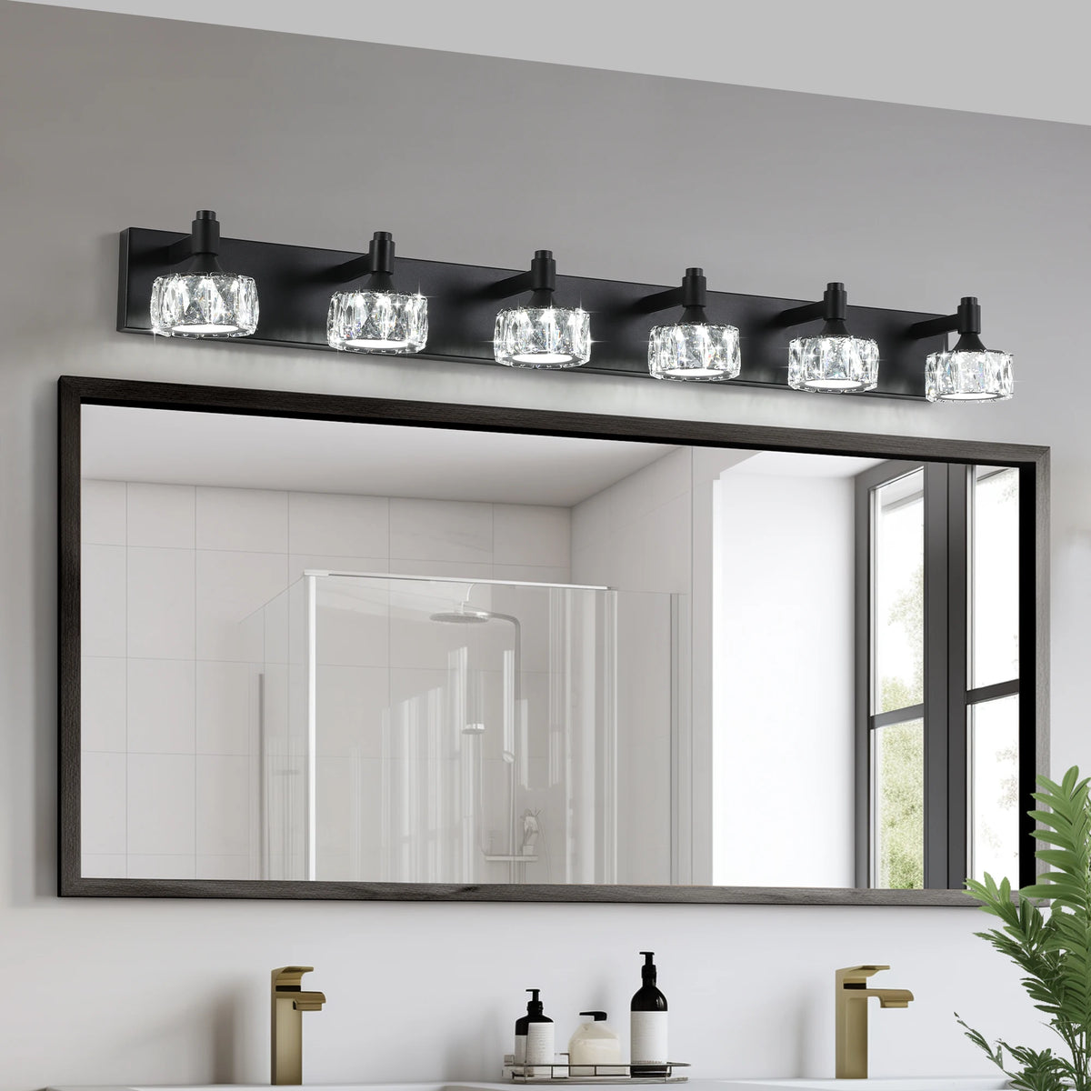 Modern LED Vanity Light 6-Light Matte Black Fixture with Crystal Glass Shades, Bathroom Wall Sconce for  Contemporary Home Decor