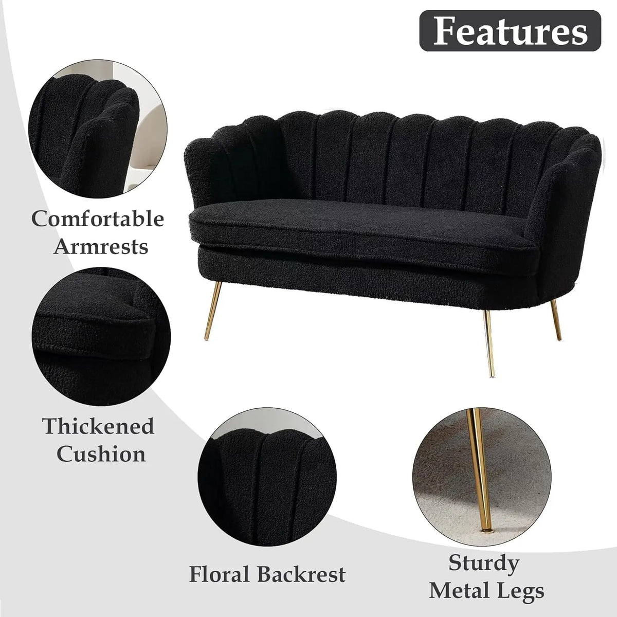 59" Modern Boucle Loveseat 2-Seater Sofa Gold Metal Legs Small Space Office Studio Apartment Black, Customized