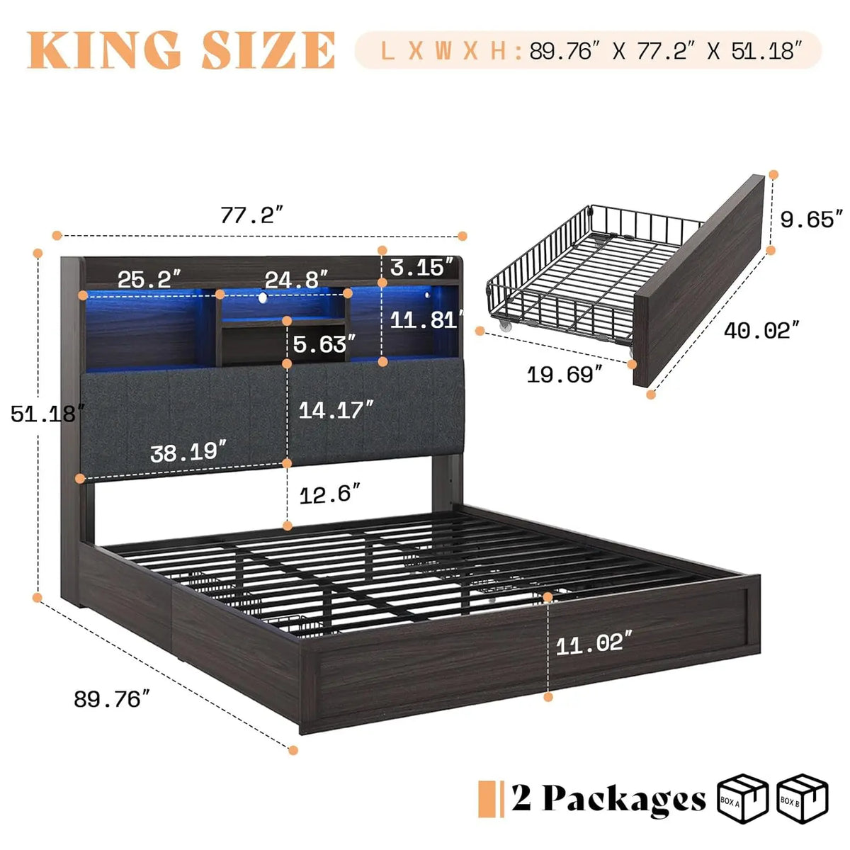 King Platform Bed Frame with Bookcase Headboard 51" Storage Drawers USB Charging Station Linen Upholstered Rustic Black, Customi