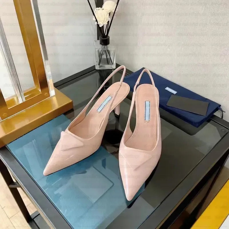 shoe designer woman heel slingbacks high heels loafers womens Sandals ballet flat Dress Shoes 7.5CM heels Black Brushed leather