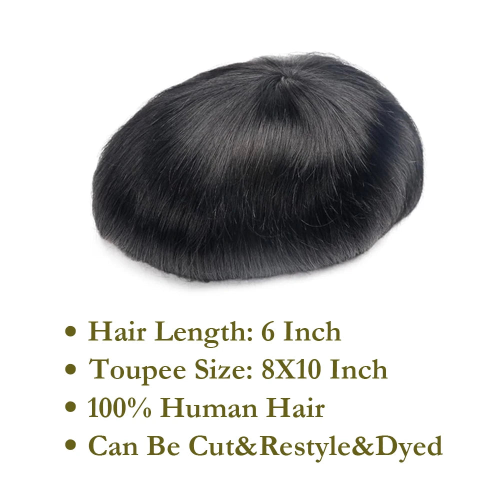 【TIMIA】Men's wig 0.1 Toupee Straight Hair 8"x10" With 130% #1B Nuture Black Men's PU Skin Base Human Hair System Toupee