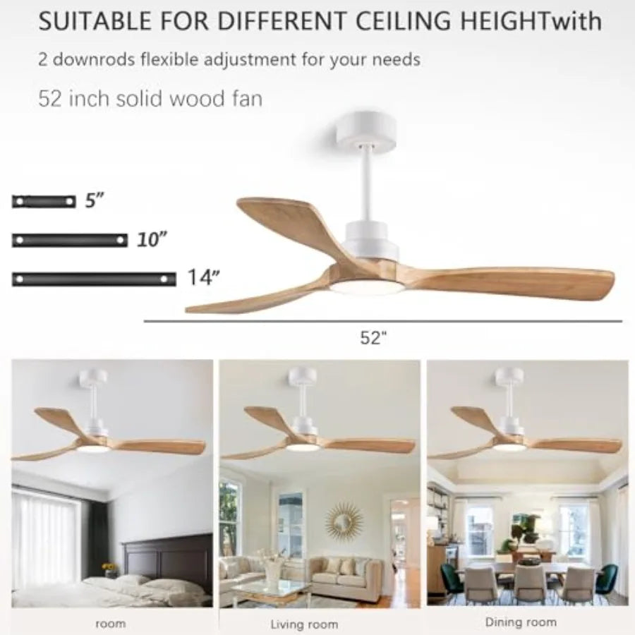 52 Ceiling Fans with Light with Remote Control Ceiling Fans with 3 Wood Blades Solid Wood Ceiling Fan Indoor Outdoor for Dining