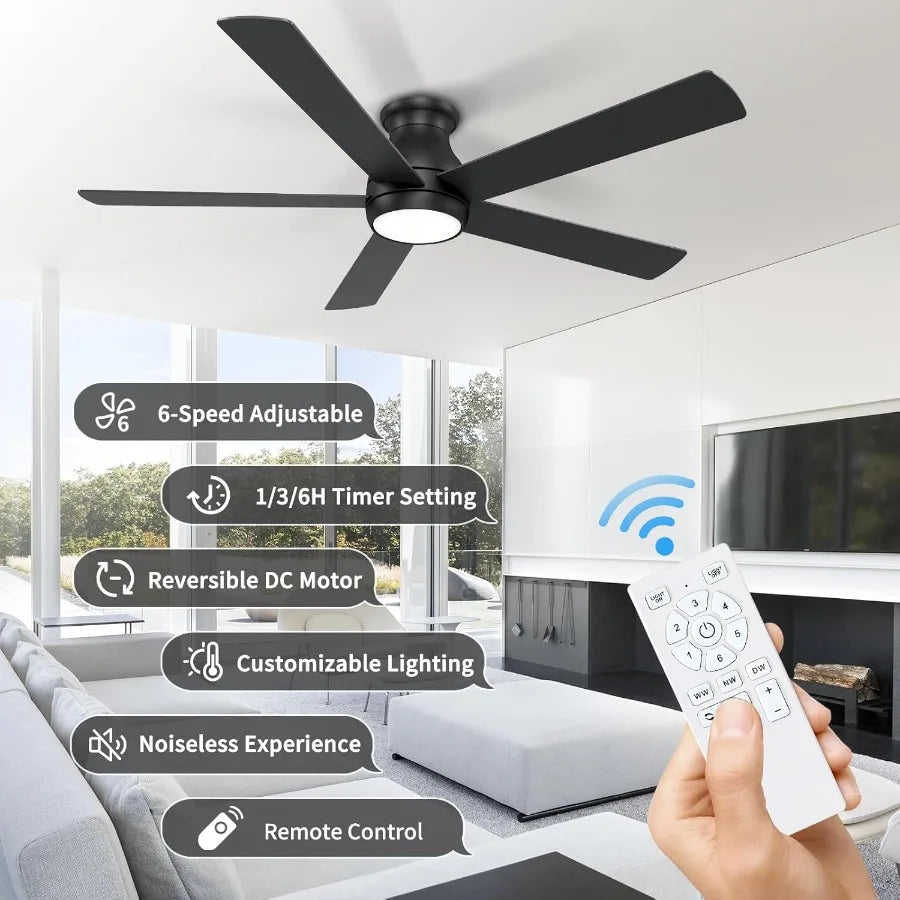 60 Inch Black Ceiling Fans with Lights and Remote LED Low Profile Flush Mount Ceiling Fan for Bedroom Living Room Quiet DC Moto