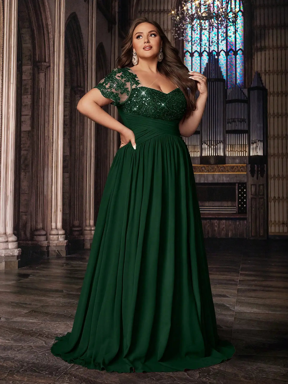 Plus Size Women Solid Green Sequined Applique Short Sleeve Floor Length Gown Dress