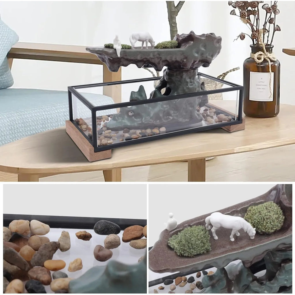 Tabletop Water Fountain with Aquarium and Rockery Indoor Water Fountain with Power Cord and Pump for Home Office Decor 16.9\" L X