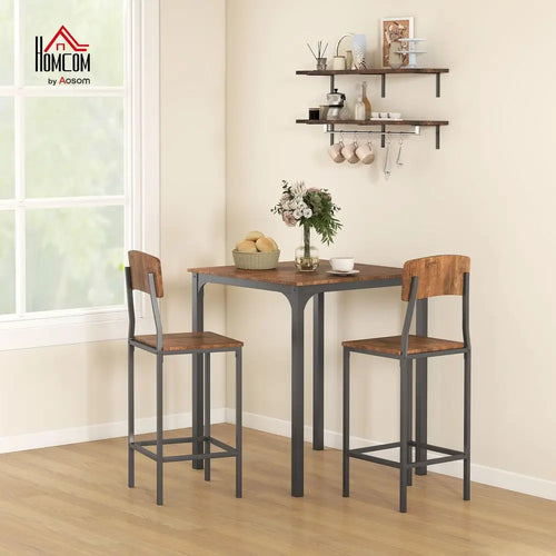 3 Piece Industrial Counter Height Dining Table Set, Bar Table amp Chairs with Steel Legs amp Footrests, Black