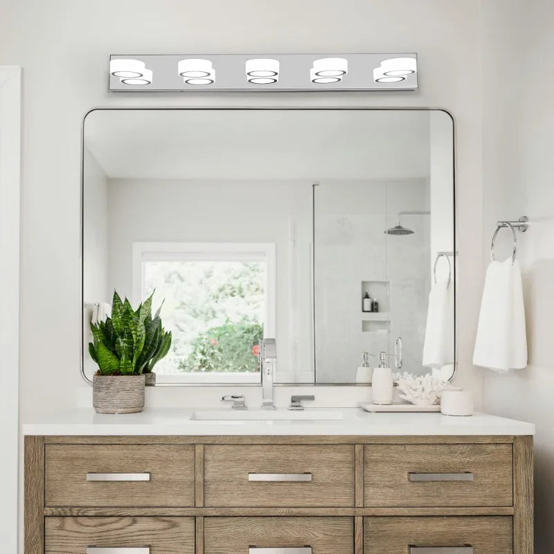 37" Modern Minimalist 5-Light LED Vanity Light Chrome Energy-Efficient Bathroom Decor Wall Sconce