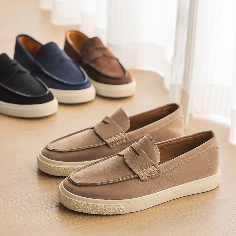 Men's Genuine Suede Moccasins: Black Round Toe, Decorative Flap, Stitching Accents, Brown Lining & Plush Comfort Fit