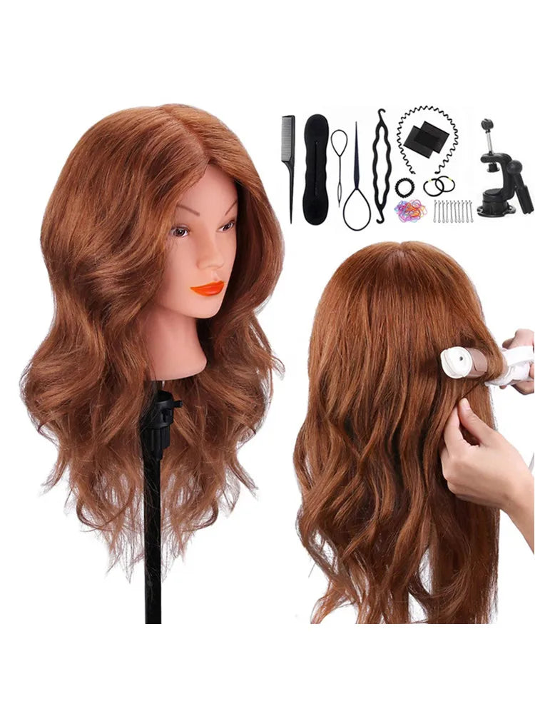 100%Real Hair Doll Head For Curling Straightening Dyeing Braiding Hairdressing Dark Brown Mannequin Head Training Head Kit 2028