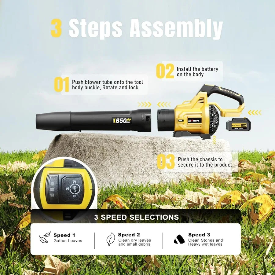 Leaf Blower Cordless 650CFM and 3 Speed Levels Electric Cordless Leaf Blower with 2 * 5.0Ah Battery Powered Blowers for Lawn Ca