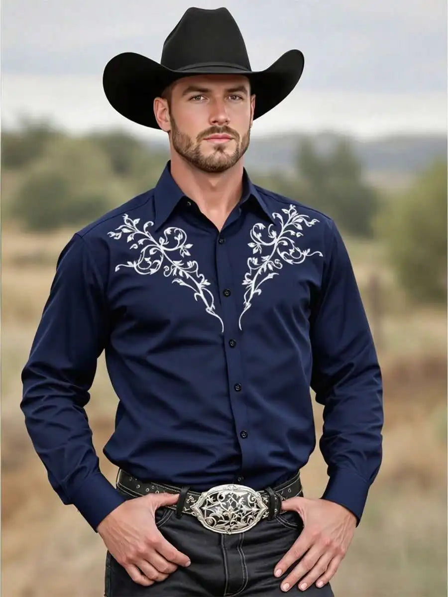Men's Black Long Sleeve Western-Style Shirt with White Floral Embroidery