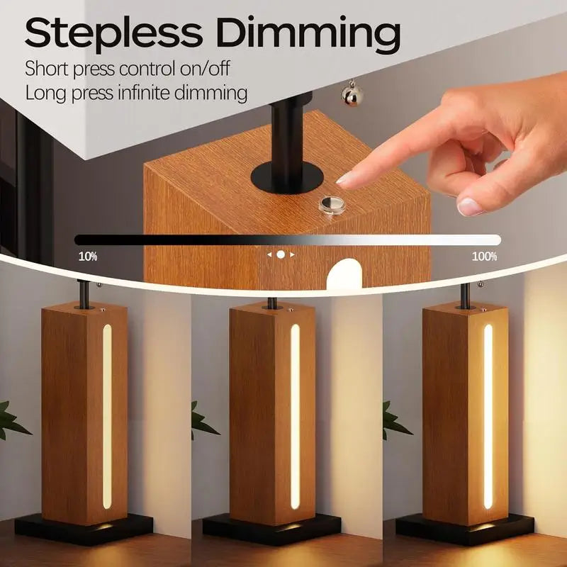 Set of 2 Modern Dimmable Bedside Lamps with LED Nightlight, Rustic Square Wood Grain Nightstand Lamps with Linen Shades for