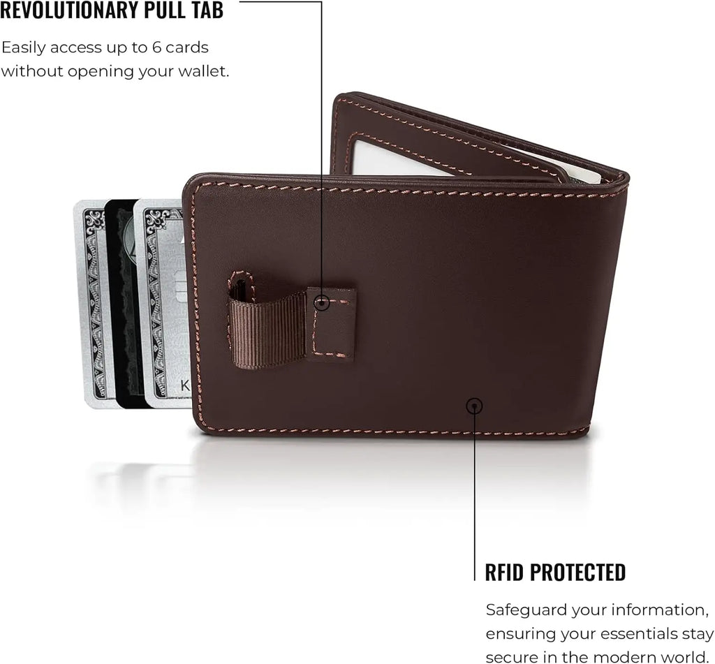 Slim RFID Blocking Leather Wallet for Men with Cash Pocket & Card Pull Strap, Holds 1-15 Cards