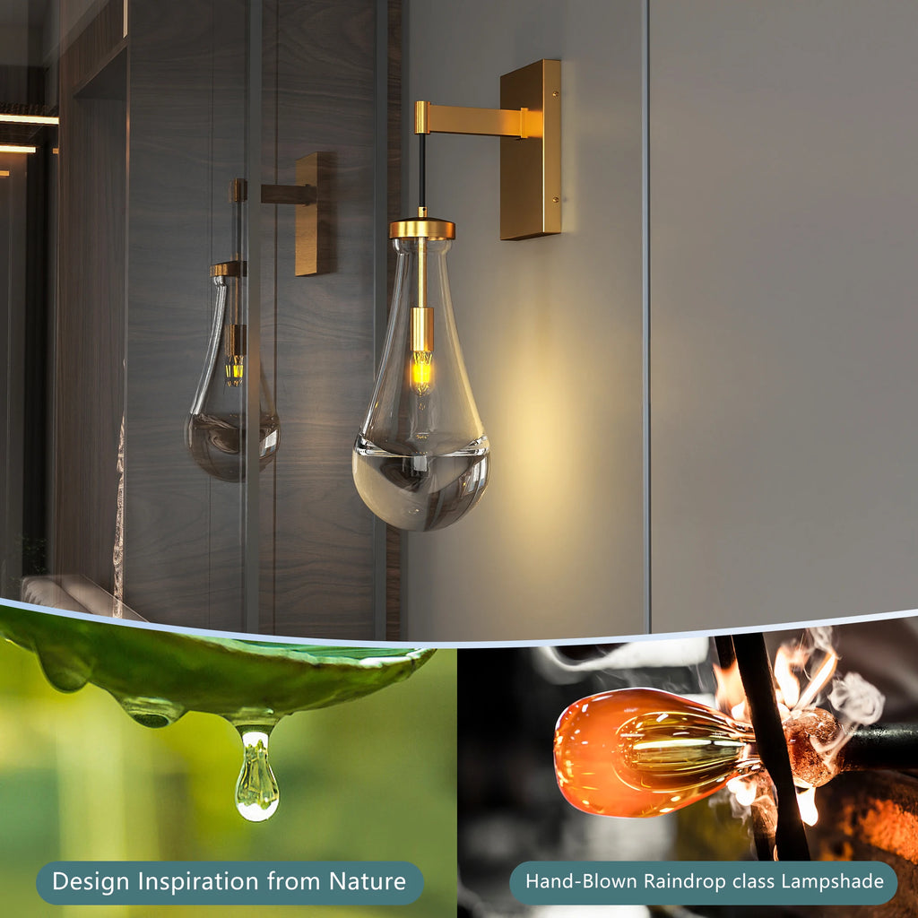 Gold Luxury Raindrop Hand-Blown Glass Wall Light E12 Base Modern Decorative Lamp for Living Room Bedroom Staircase Bathroom