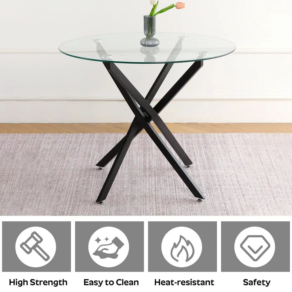 Dining Table Set for 2, 36 Round Kitchen Table with 2 Teddy Boucle Dining Chairs, Tempered Glass Top with Metal LegsAll Black