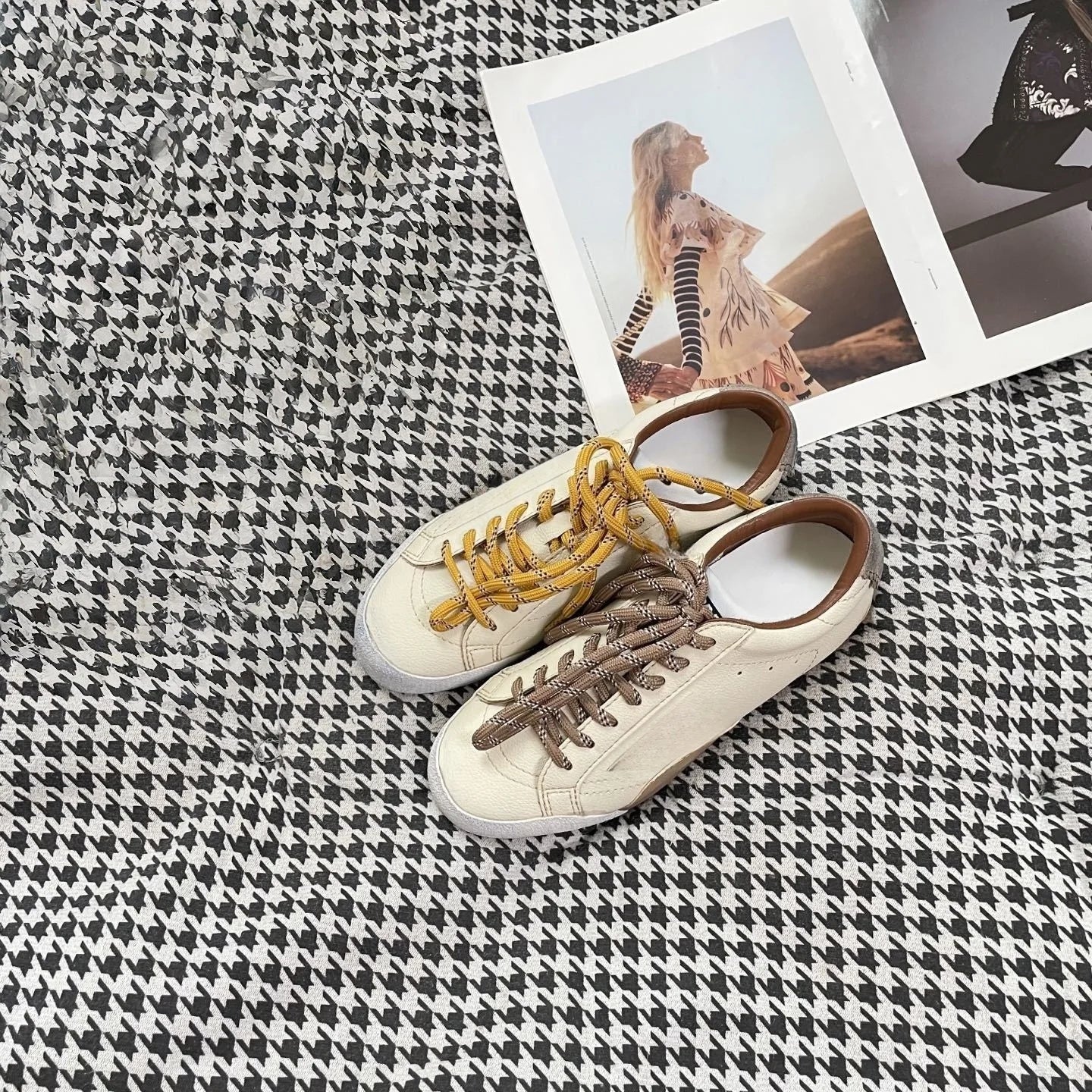 Women's shoes retro genuine leather round toe color matching two-tone shoelaces sneakers German training shoes