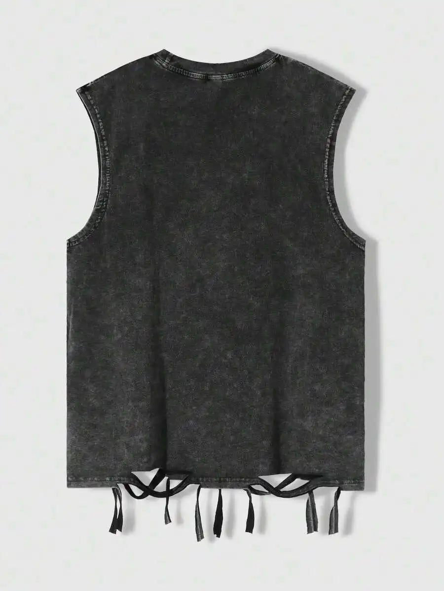 Men's Distressed Sleeveless Tee with Gothic Graphic Print, Soft Cotton, Summer Casual Wear