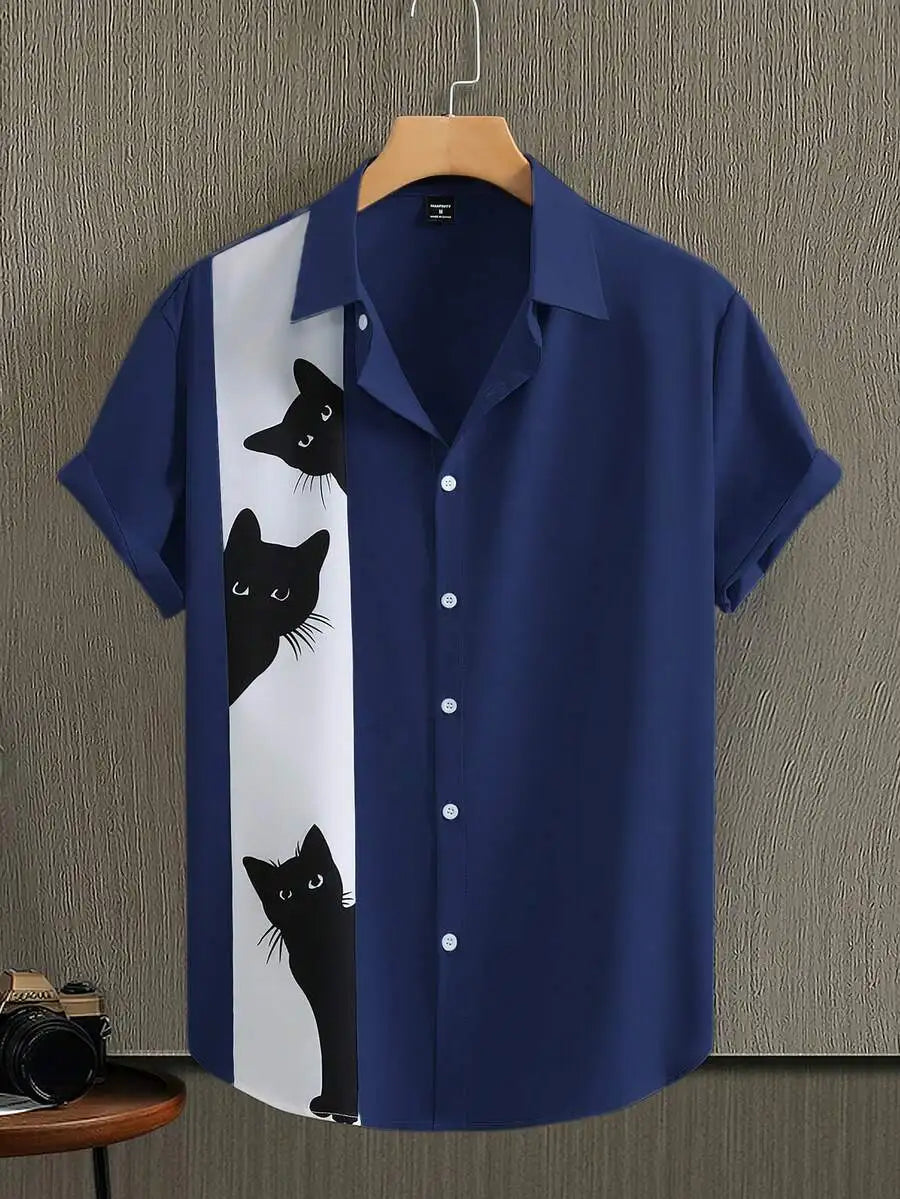 Men's Black Short Sleeve Button-Up Shirt with Cat Graphic Print