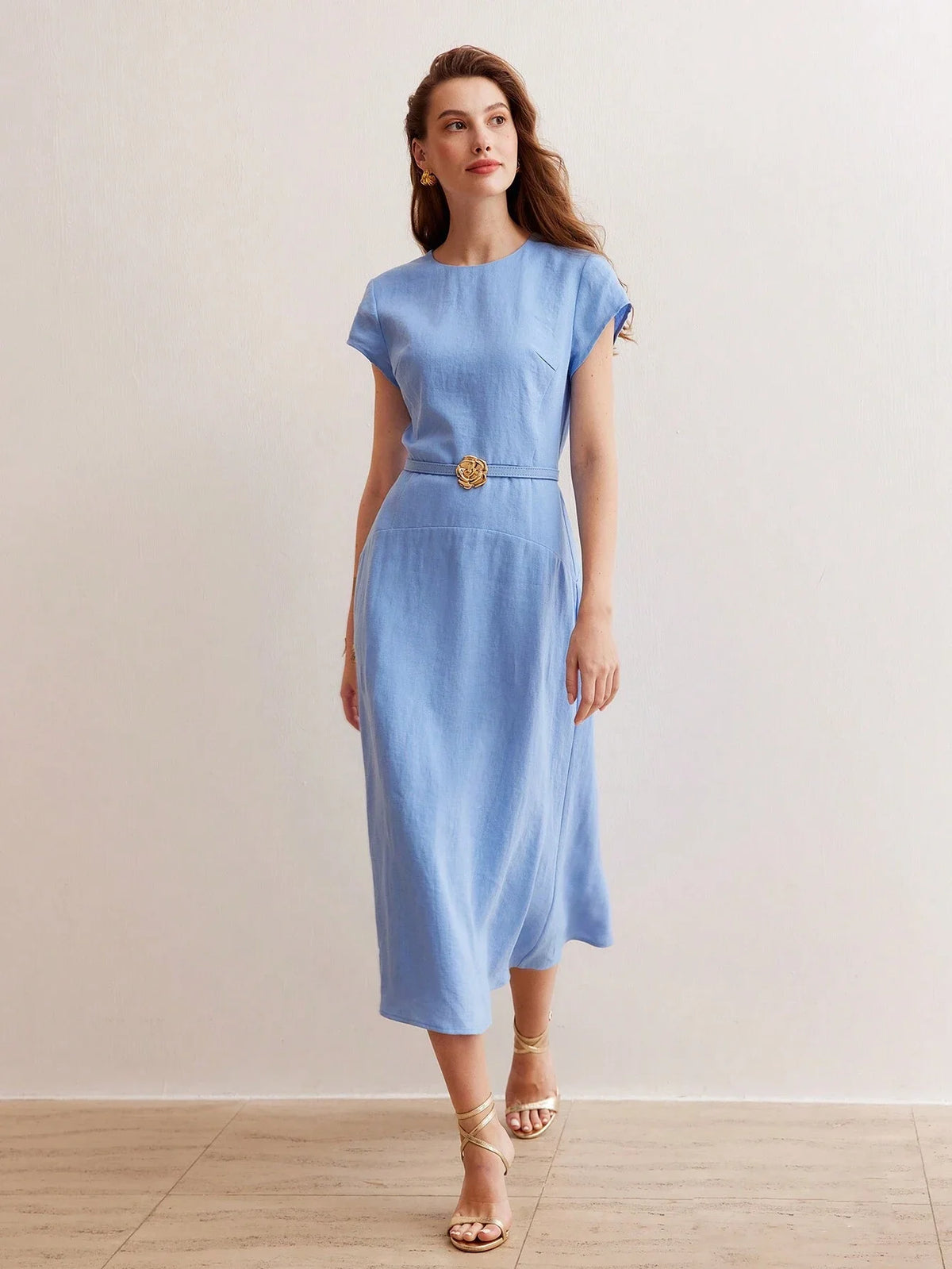 Linen Solid Color Floral Belted Midi Dress Summer Elegant Outfit