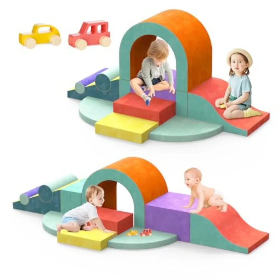Foam Climbing Blocks for Toddlers 12 PCS Colourful Toddler Climbing Toys Indoor Soft Play Set with Toy Car Flexible Crawling
