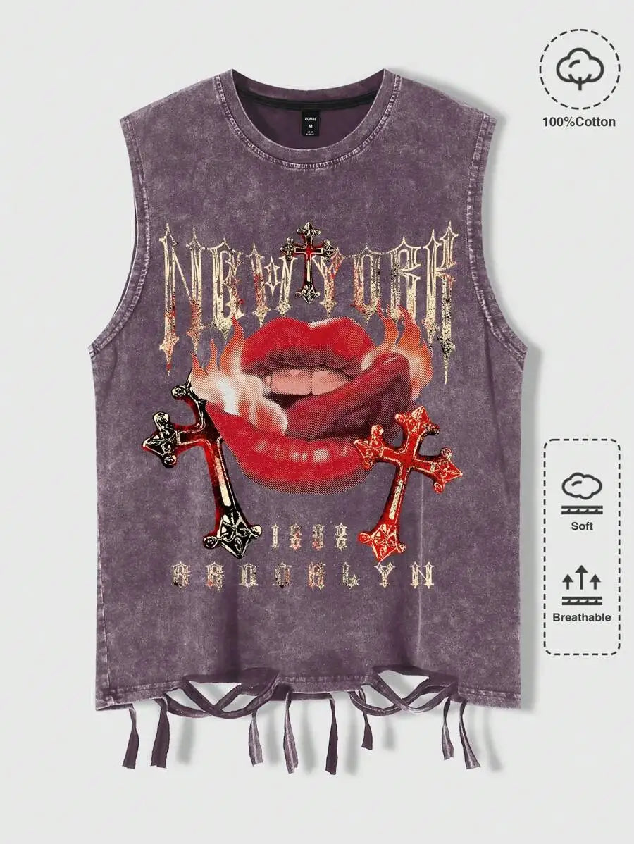 Men's Distressed Sleeveless Tee with Gothic Graphic Print, Soft Cotton, Summer Casual Wear
