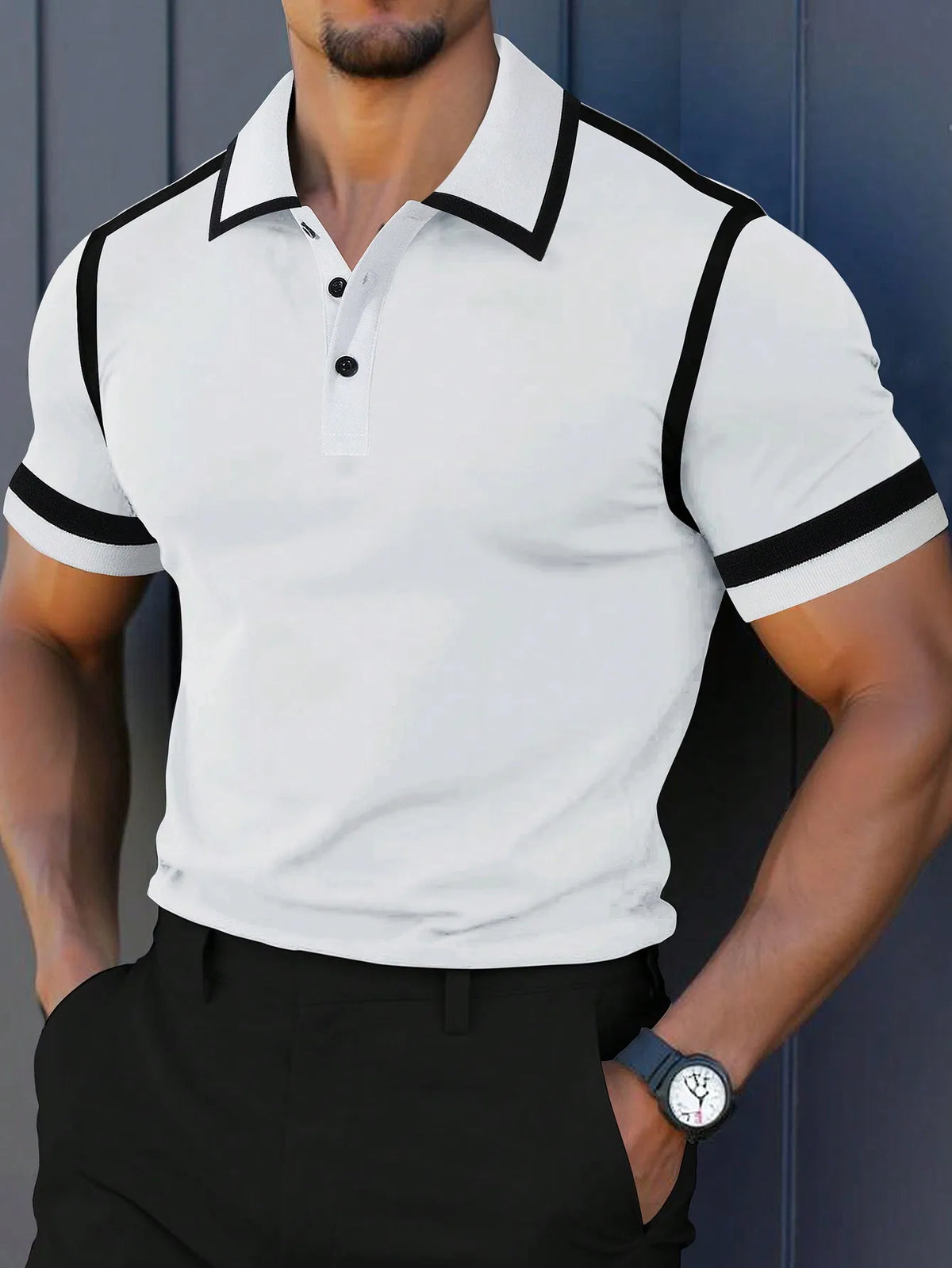 Men's Black Polo Shirt with White Trim Contrast Design Short Sleeve