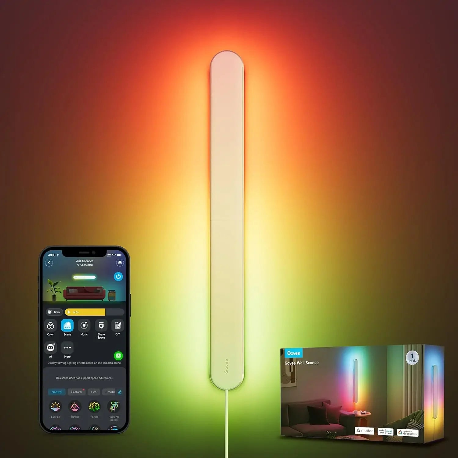 Wall Sconce, Smart RGBIC Wall Lights, Works with Matter & Alexa, Music Sync, Wall Mount Light Plug in, Color Changing, Modern Ro