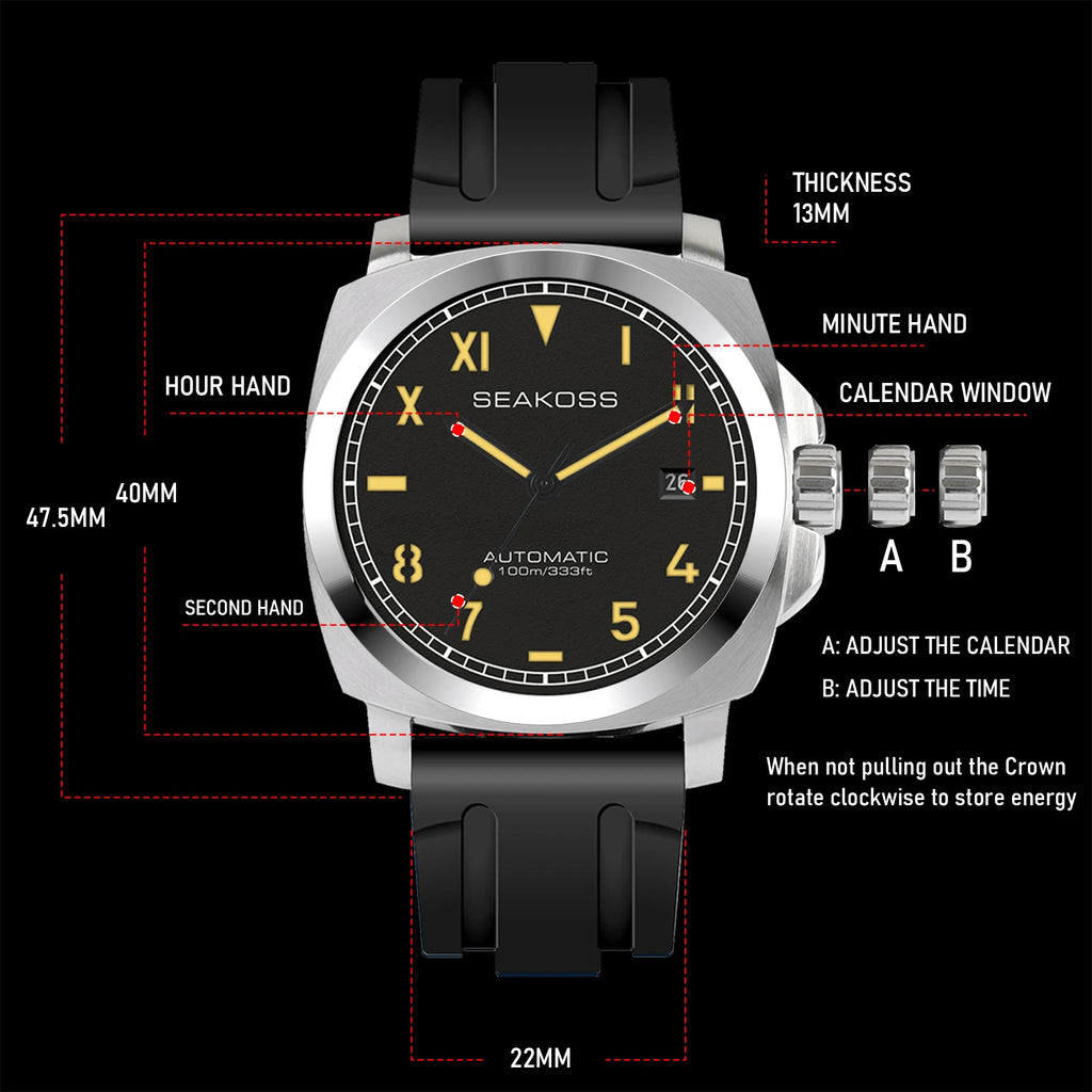 SEAKOSS 10ATM Men's Diving Watch Seagull ST1612 Movement Automatic  Watches for Men Luminous Calendar Sapphire Stainless Steel