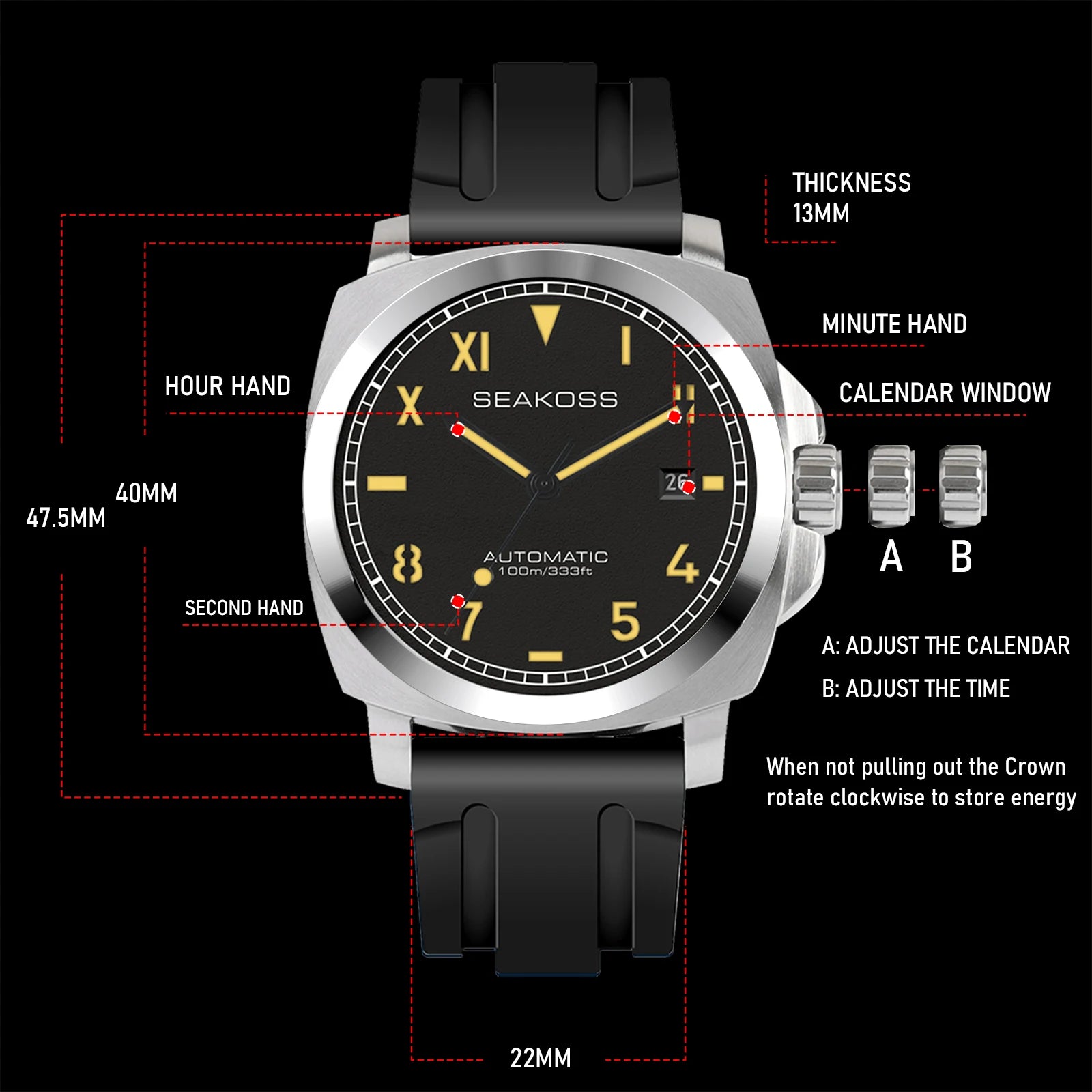 SEAKOSS 10ATM Men's Diving Watch Seagull ST1612 Movement Automatic  Watches for Men Luminous Calendar Sapphire Stainless Steel