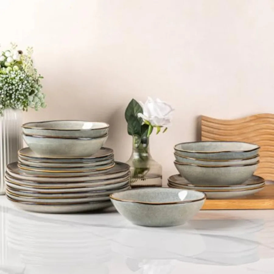 Ceramic Dinnerware Sets Handmade Reactive Glaze Stoneware Plates and Bowls for Dining Service for 8 24pc Dishwasher Microwave S
