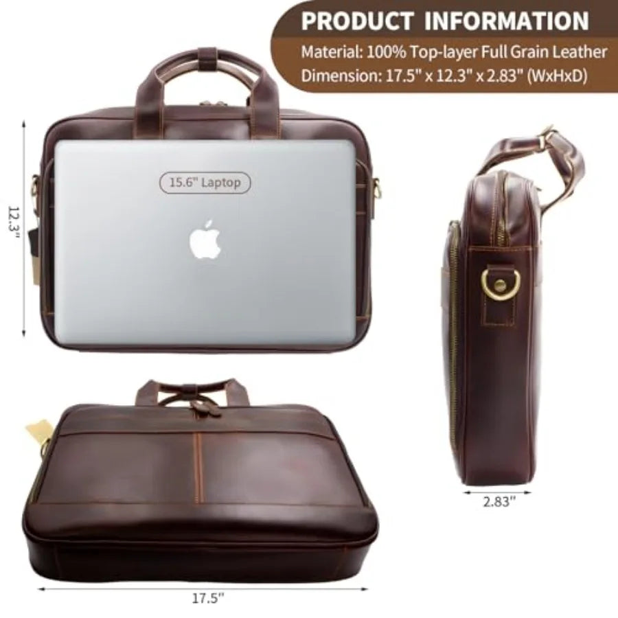Full Grain Leather Briefcase for Men Business Messenger Bag Laptop Case Fits 15.6 Inch Laptop Brown Premium Quality Durable Des