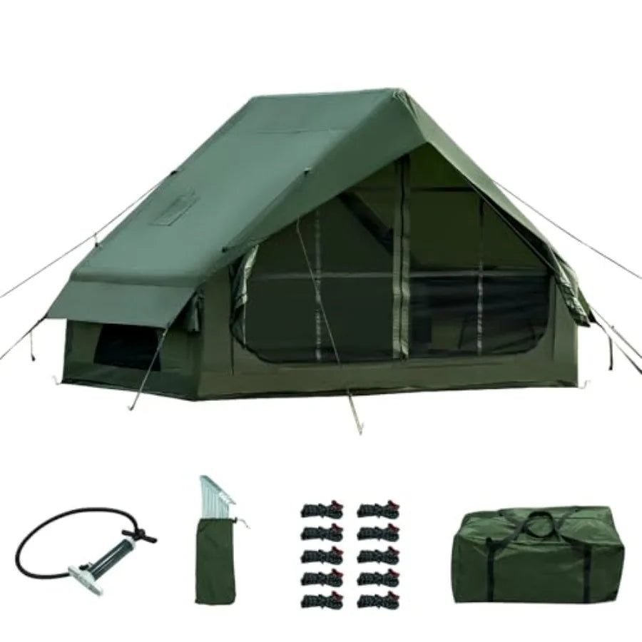 Inflatable Camping Tent with Hand Pump Waterproof Outdoor Blow up Tent Ox 4 Season Air Tent Cabin House with Mesh Windows and D