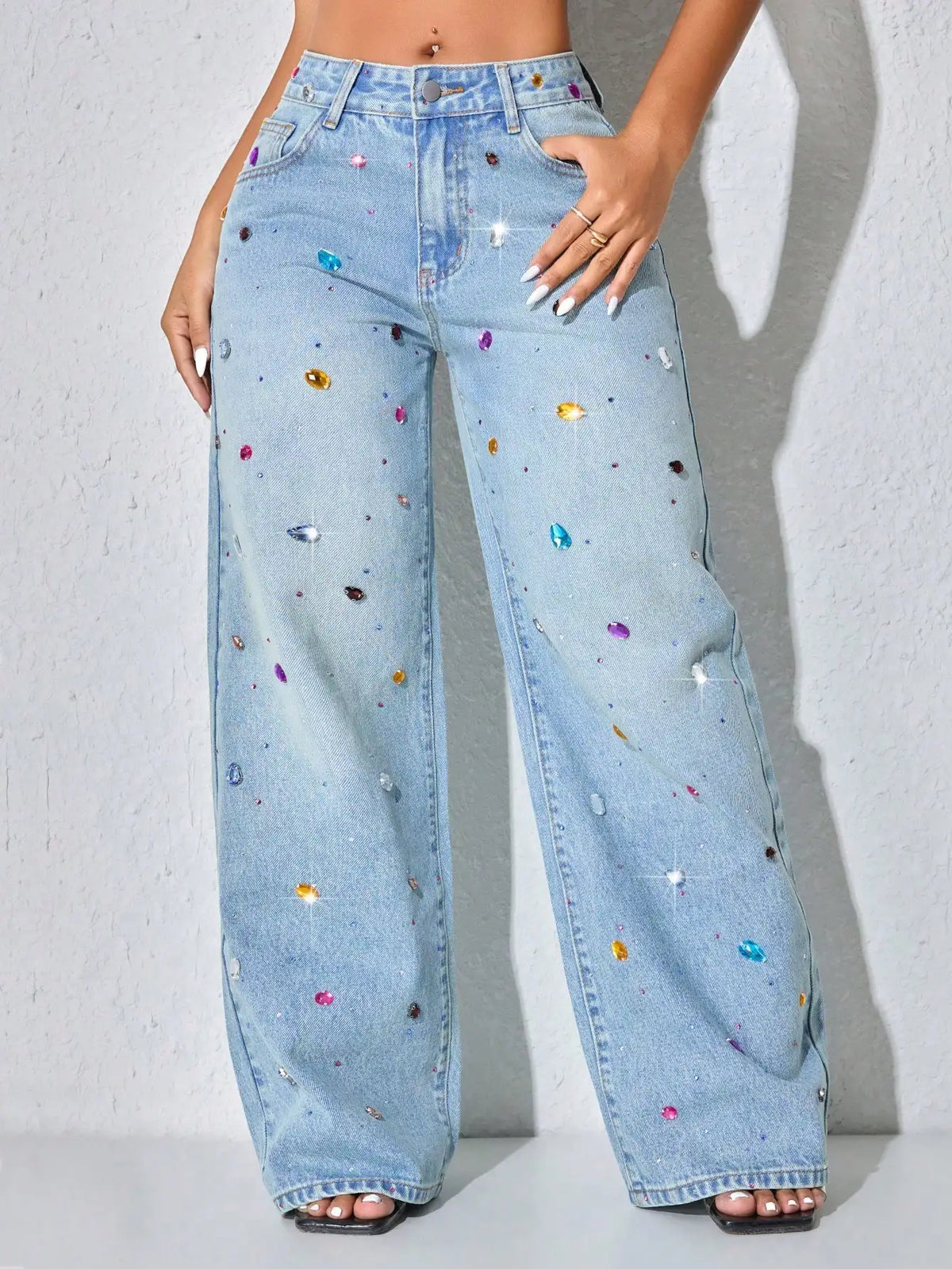 Low Waist Wide Leg Rhinestone Decorated Casual Blue Jeans For Women Spring