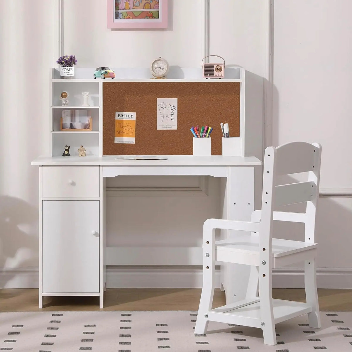 Kids Desk, Study Desk and Chair Set for Boys and Girl, Wooden Kids Writing Table with Bookshelf, Bulletin Board, Cabinet and Dra
