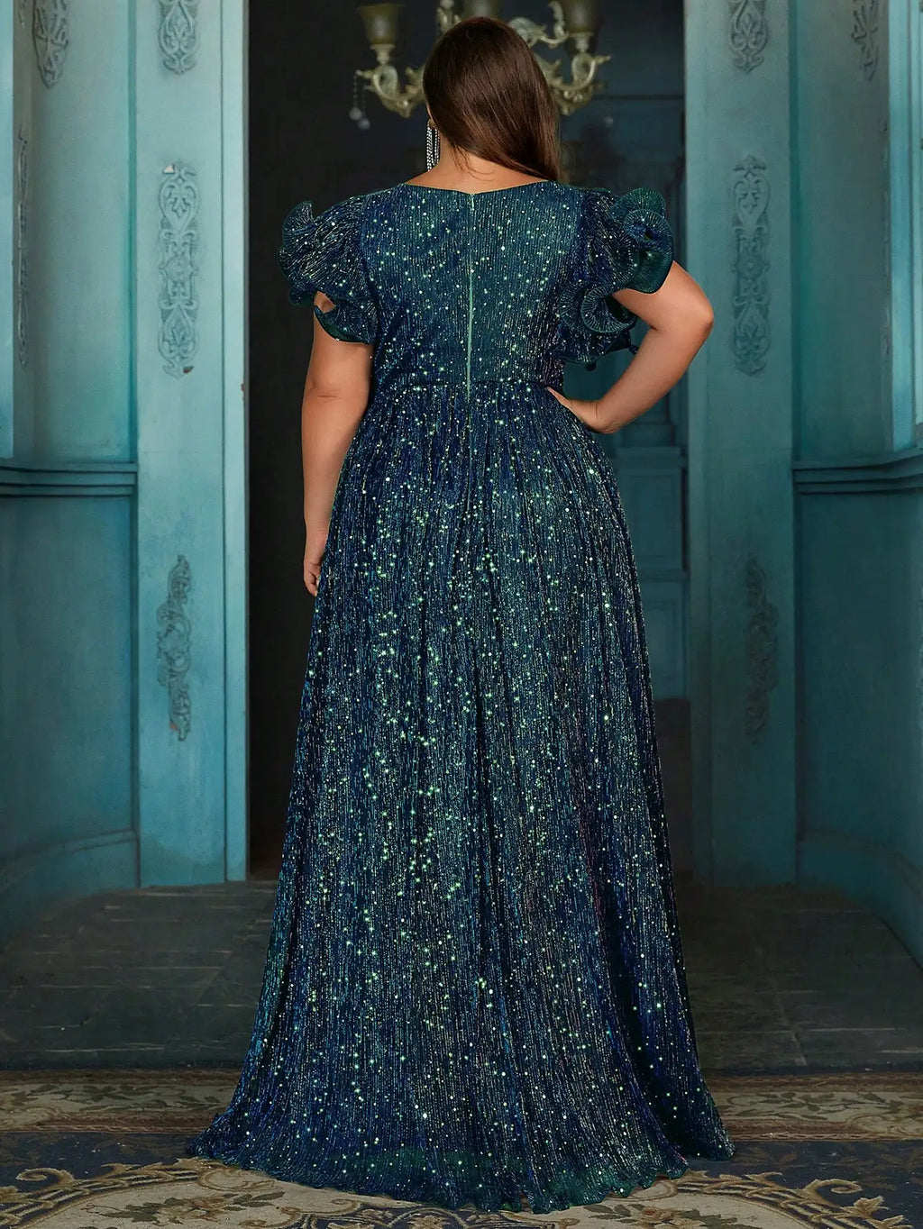 Plus Size Shiny Formal Party Dress With Ruffle Sleeves V Neck Floor Length