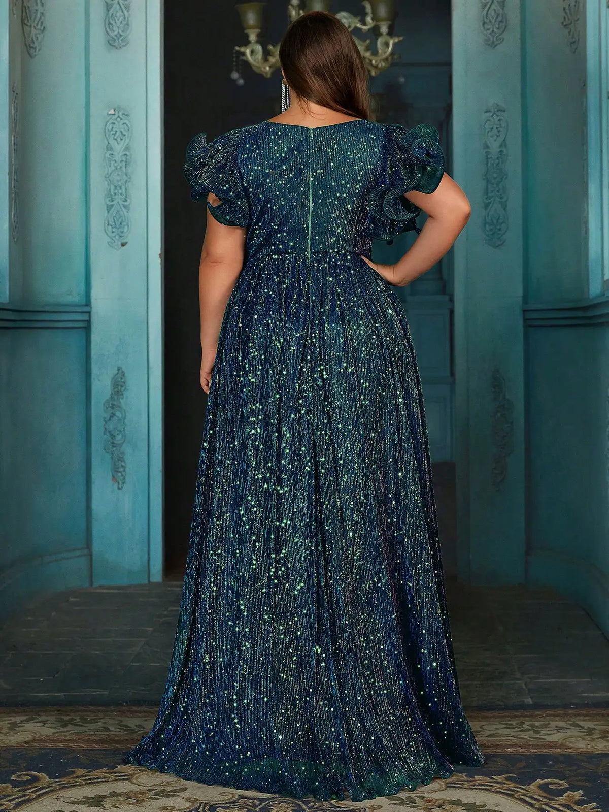Plus Size Shiny Formal Party Dress With Ruffle Sleeves V Neck Floor Length