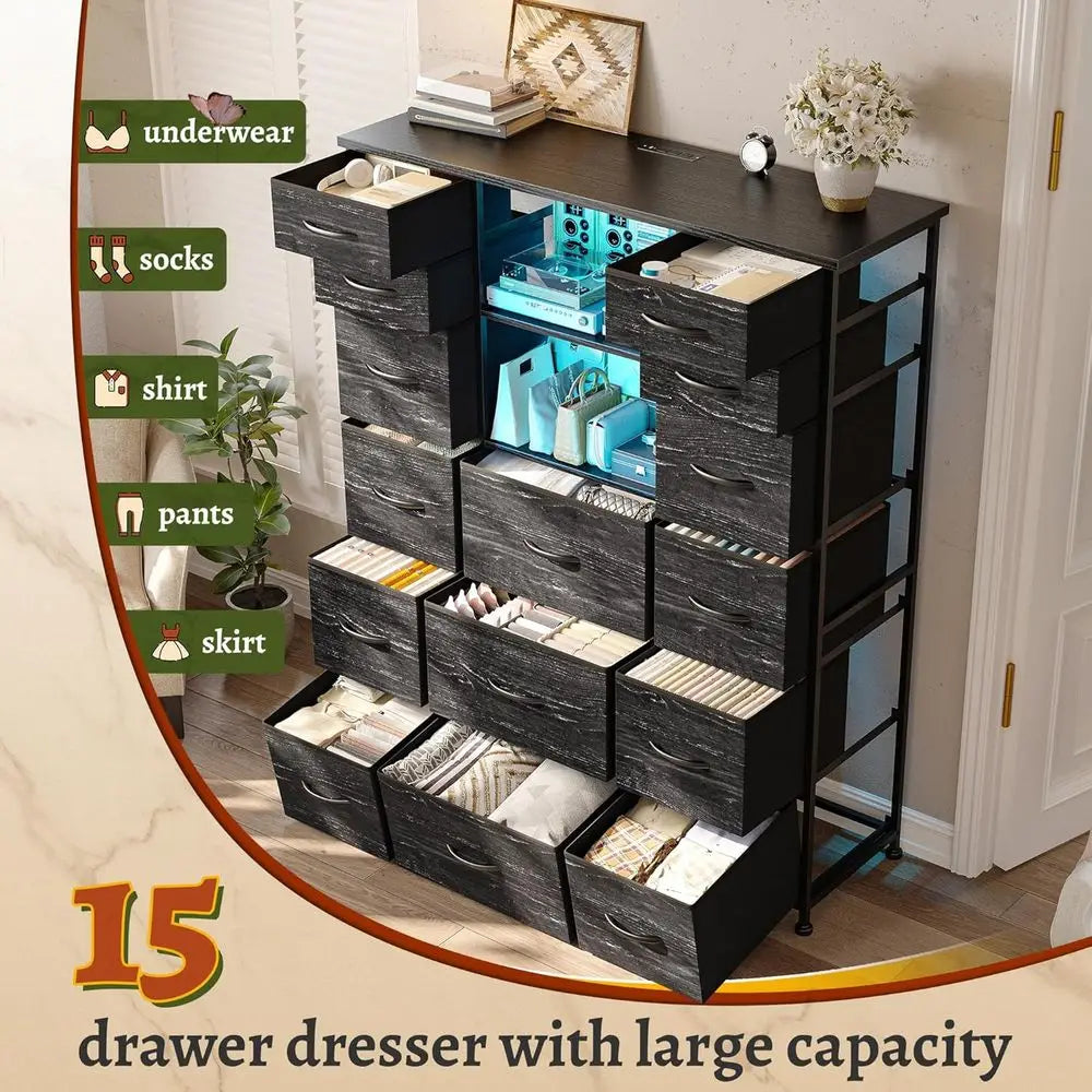 51 High Bedroom Dresser with 15 Drawers or Bedroom with Charging Station & LED Lights & Hutch Sturdy Black Bedroom Dressers, Ste