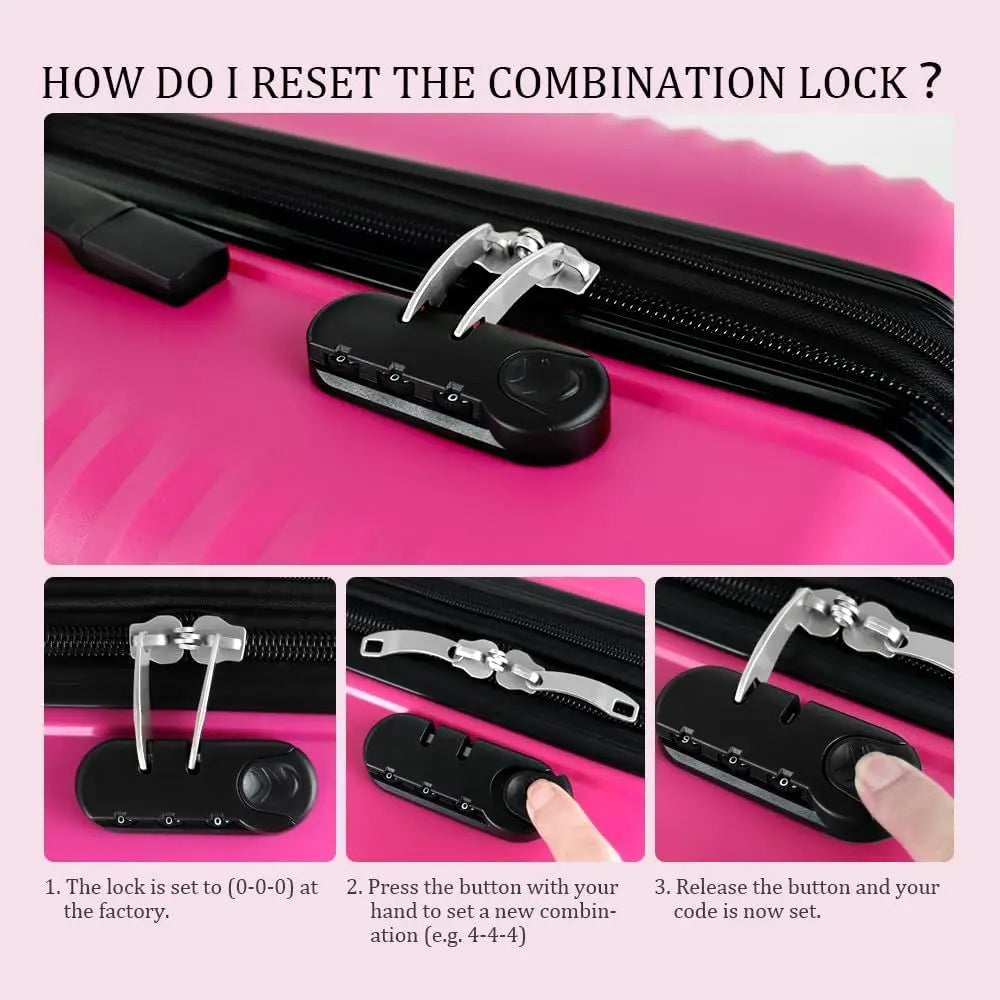 3-Piece Luggage Set: 20/24/28 with Combination Lock, Large Spinner Wheels, Unisex Travel Suitcase, Pink