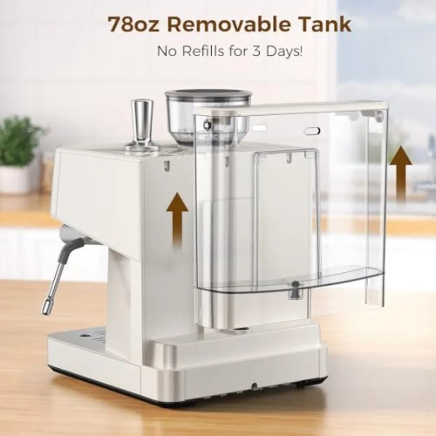 20 Bar Espresso Machine with Built-in Anti-Clog Coffee Grinder for Lattes White Espresso Maker with Milk Steam Wand Frother Tam
