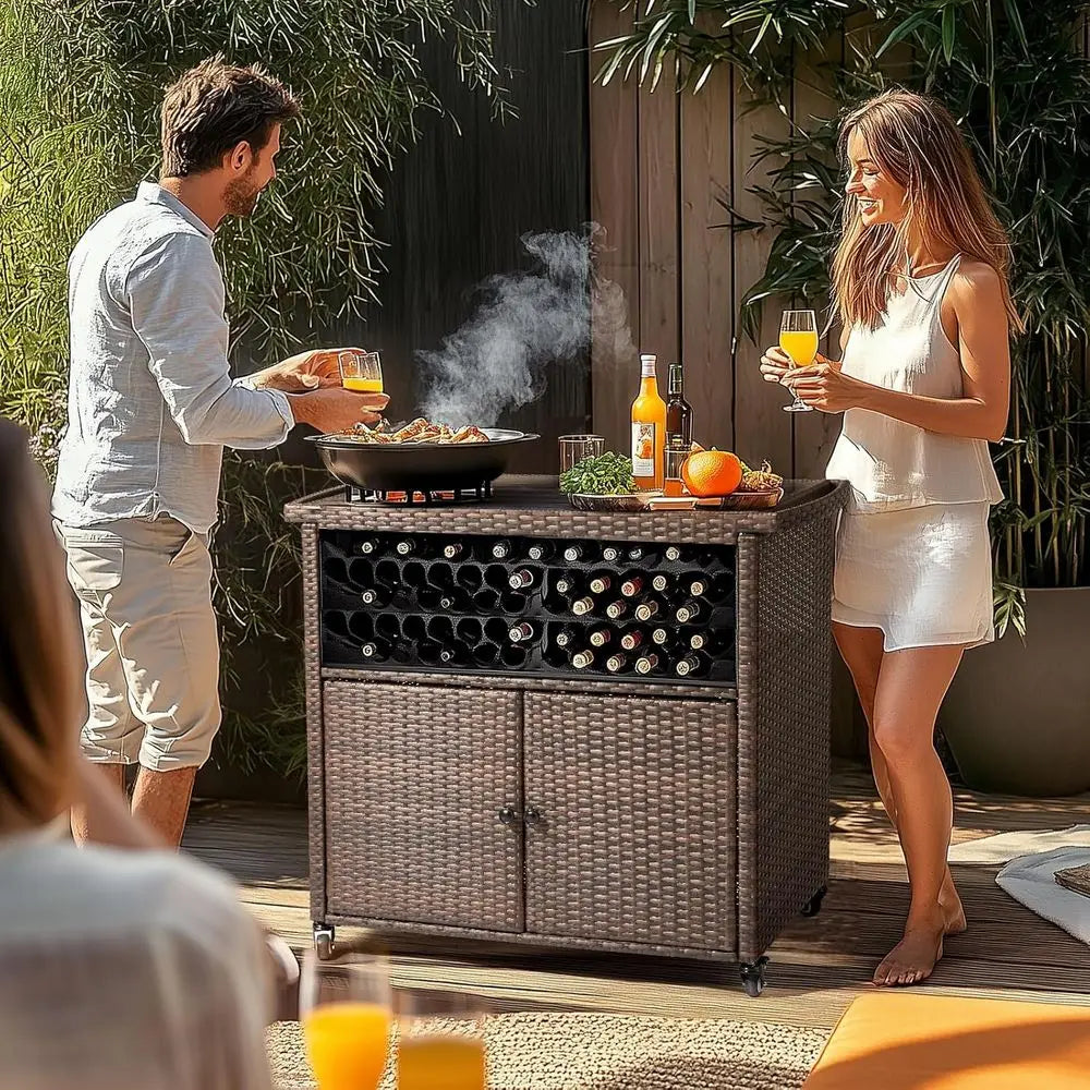 Brown Outdoor Bar Cart with Storage, Rolling Wheels, and Patio Bar Table for Poolside Kitchen