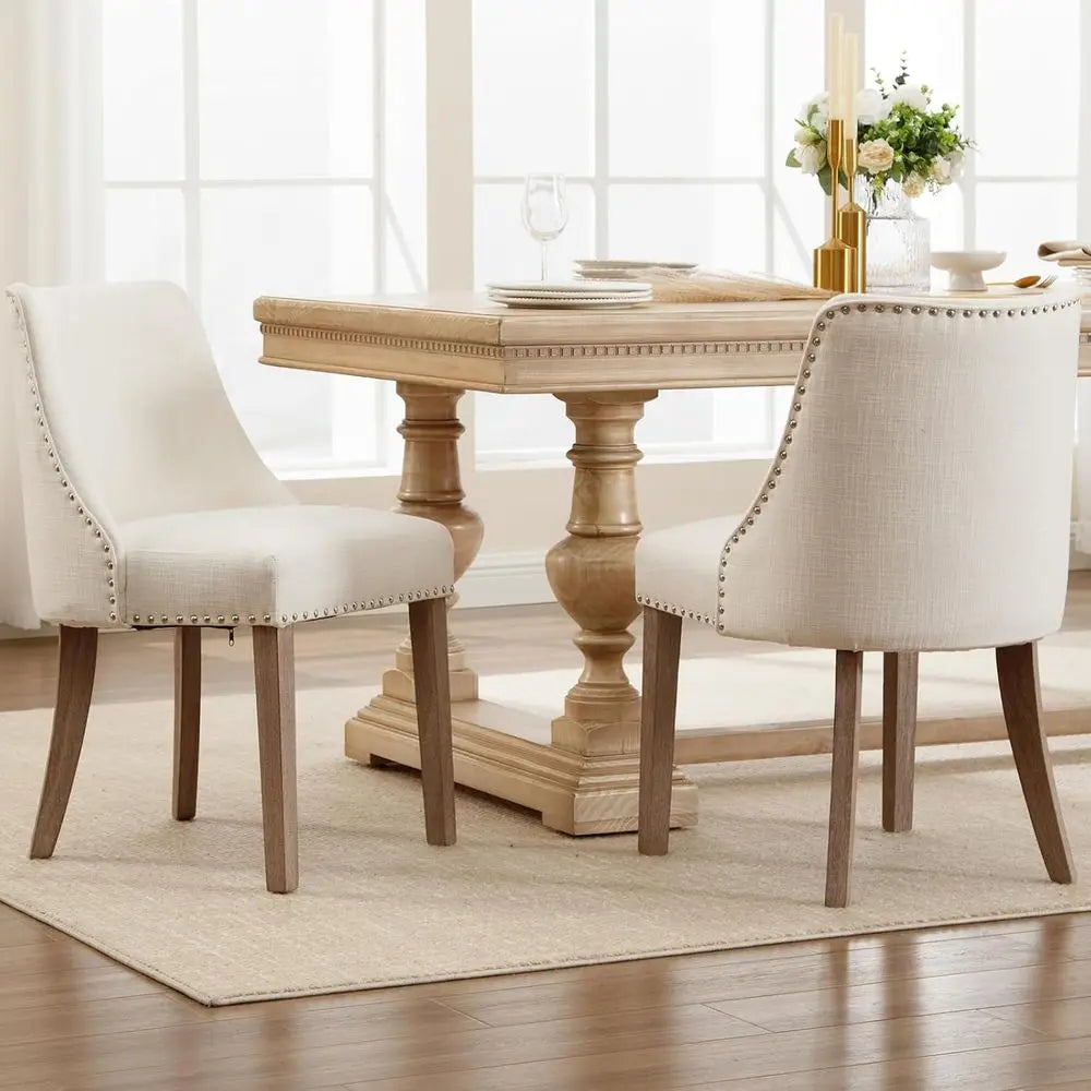 Upholstered Side Chairs Set of 2 with Nailhead Trim and Wooden Legs for Dining or Living Room, Cream