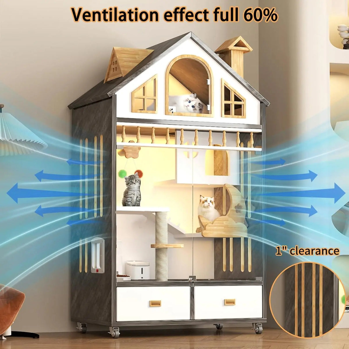 Large Wooden Cat House Cage Enclosure on Wheels with Scratching Post Litter Box Drawer Indoor 63x35x24, Customized