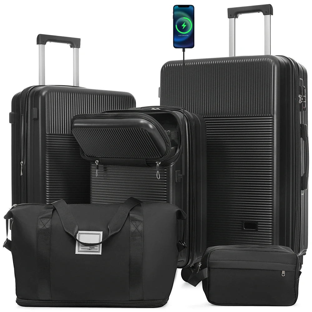 Lightweight 5PCS Hardside Luggage Set Half Opening Carry-on Suitcase Double Spinner Wheels USB TSA Lock Travel